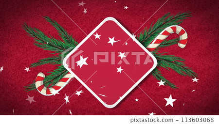 Image of christmas sign with copy space, decorations and snow falling on red background 113603068