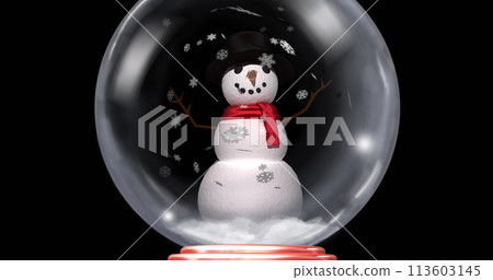 Image of christmas snow globe with snowman and snow falling on black background Image of christmas snow globe with snowman and snow falling on black background 113603145