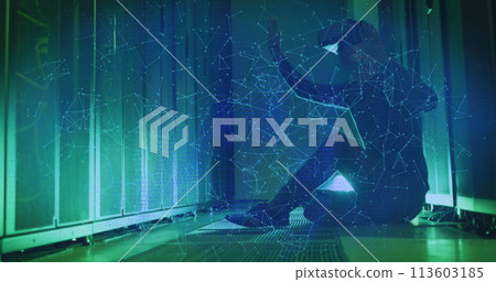Image of padlock over caucasian man with vr headset in server room Image of padlock over caucasian man with vr headset in server room 113603185