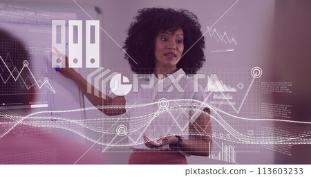 Image of statistics data processing over african american businesswoman in office 113603233
