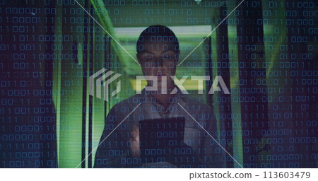 Image of data processing over caucasian female worker in server room 113603479