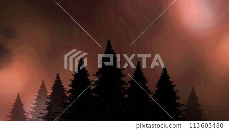 Digital composite of silhouette of pine trees with lightning in the sky and clouds in the background Digital composite of silhouette of pine trees with lightning in the sky and clouds in the background 113603480