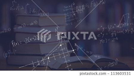 Digital image of mathematical equations and graphs moving in the screen and a pile of books on a tab 113603531