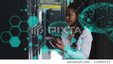 Image of data processing over african american female worker in server room 113603532