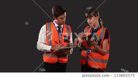 Image of scientific data processing over two caucasian people Image of scientific data processing over two caucasian people 113603573
