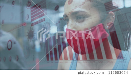 Coronavirus statistical data processing against woman exercising on stationary bike at gym Coronavirus statistical data processing against woman exercising on stationary bike at gym 113603654
