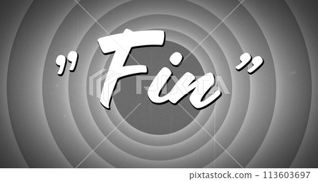 Digital image of a Fin text appearing in the middle of circle patterns in monochrome and static 113603697