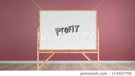 Digital image of a profit text written in a white board with wooden frames in a room with pink walls Digital image of a profit text written in a white board with wooden frames in a room with pink walls 113603706