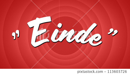 Digital image of a white Einde sign appearing against a red circle patterned background Digital image of a white Einde sign appearing against a red circle patterned background 113603726