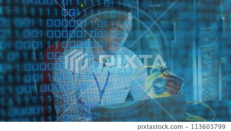 Image of data processing over african american male worker in server room Image of data processing over african american male worker in server room 113603799
