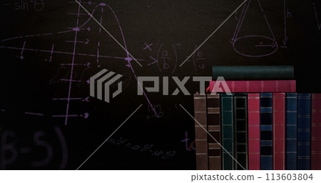 Digital image of a pile of books while mathematical equations and graphs move in the screen against 113603804
