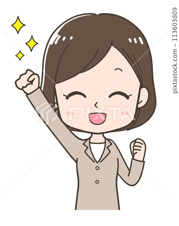 Upper body illustration of a businesswoman making a one-handed fist pump Upper body illustration of a businesswoman making a one-handed fist pump 113603809