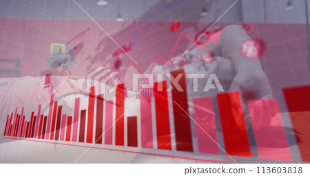 Image of graphs and statistics over caucasian woman meditating Image of graphs and statistics over caucasian woman meditating 113603818
