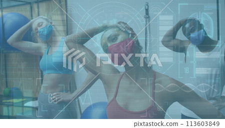 Image of graphs and statistics over diverse group wearing face masks working out 113603849