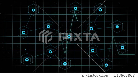 Image of medical icons and cardiograph on black background Image of medical icons and cardiograph on black background 113603868