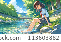Girl dipping her feet in the river 113603882