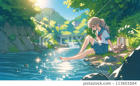 Girls playing on the river Girls playing on the river 113603884