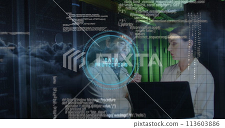 Image of data processing over diverse workers in server room 113603886