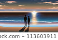 Silhouette of a couple floating on the sea at sunset 113603911
