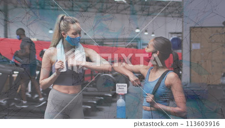 Network of connections against two women greeting each other by touching elbows at gym Network of connections against two women greeting each other by touching elbows at gym 113603916
