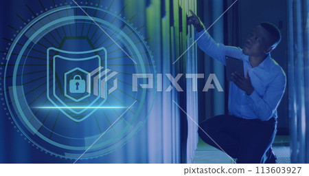 Image of data processing over african american male worker in server room Image of data processing over african american male worker in server room 113603927