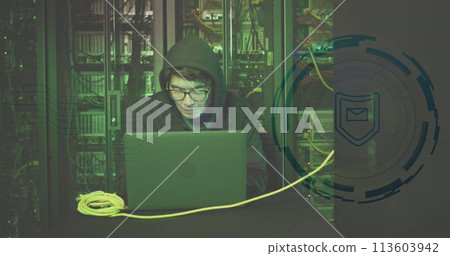 Image of data processing over asian male hacker in server room Image of data processing over asian male hacker in server room 113603942