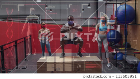 Image of graphs and statistics over diverse group wearing face masks working out Image of graphs and statistics over diverse group wearing face masks working out 113603951