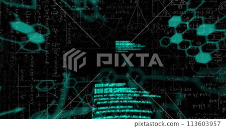 Image of scientific data processing over mathematical equations on black background Image of scientific data processing over mathematical equations on black background 113603957