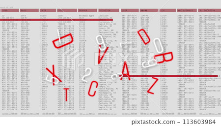 Image of floating numbers and letters over scientific data processing 113603984