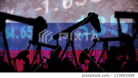 Image of pump jacks and financial data over flag of russia 113603986