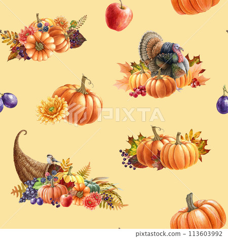 Thanksgiving decor seamless pattern. Watercolor illustration. Autumn floral festive decor with pumpkin, cornucopia, fallen bright leaves, fruit, turkey. Thanksgiving vintage style seamless pattern Thanksgiving decor seamless pattern. Watercolor illustration. Autumn floral festive decor with pumpkin, cornucopia, fallen bright leaves, fruit, turkey. Thanksgiving vintage style seamless pattern 113603992