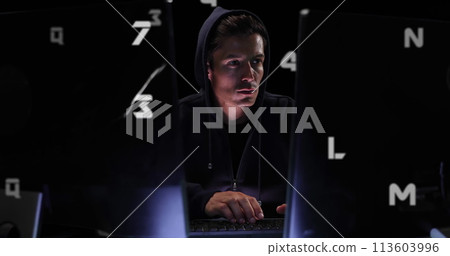 Image of icons over caucasian hacker using computer Image of icons over caucasian hacker using computer 113603996