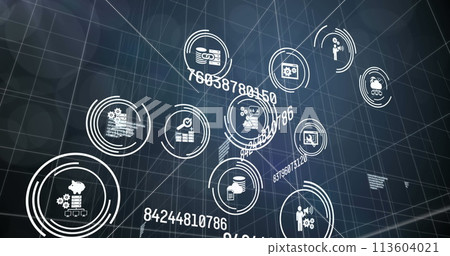 Image of digital icons over scientific data processing on black background Image of digital icons over scientific data processing on black background 113604021