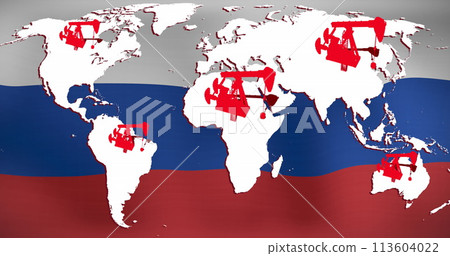 Image of world map with pump jacks over flag of russia Image of world map with pump jacks over flag of russia 113604022