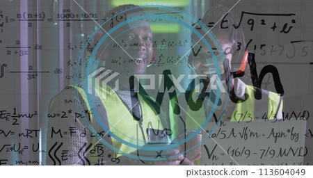 Image of data processing over happy african american workers in server room Image of data processing over happy african american workers in server room 113604049