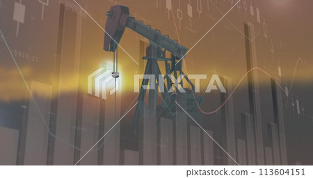 Image of financial graphs over pump jack 113604151