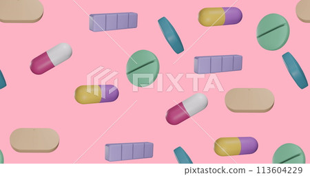 Image of floating pills on pink background Image of floating pills on pink background 113604229