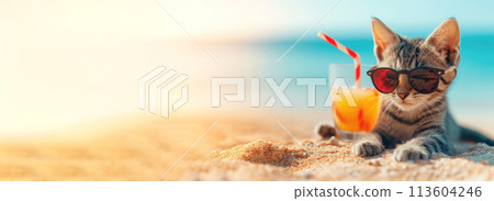 Ai generated Funny cat lying on beach sand relaxing on the sea shore. 113604246