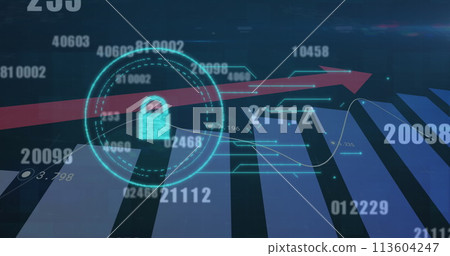 Image of numbers changing and digital padlock with arrow ascending and statistics Image of numbers changing and digital padlock with arrow ascending and statistics 113604247