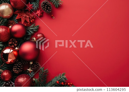 Ai generated Top view template, mockup on a festive background of fir tree and red toy balls. 113604295