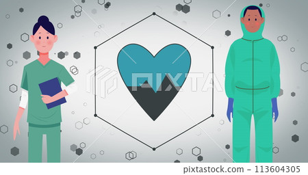 Image of doctors with safety suits and heart on white background Image of doctors with safety suits and heart on white background 113604305