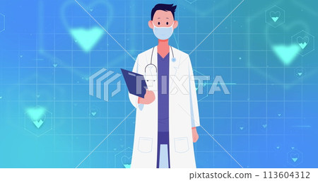 Image of medical icons with doctor with clipboard on blue background 113604312