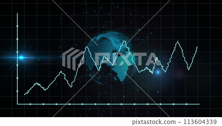 Image of graph and globe on black background with lights 113604339