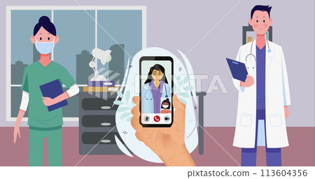Image of hand with smartphone with image call with doctors in hospital 113604356