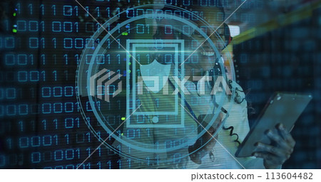 Image of data processing over african american female worker in server room Image of data processing over african american female worker in server room 113604482