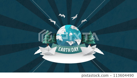 Image of earth day and globe with trees on dark blue background Image of earth day and globe with trees on dark blue background 113604490
