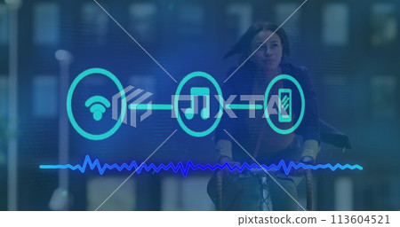 Image of three digital icons and data processing over woman riding bike in city 113604521