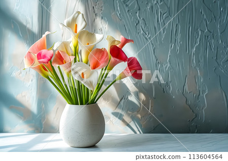 White vase with pink and white calla lilies 113604564