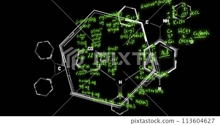 Image of mathematical formulae and scientific data processing over black background 113604627