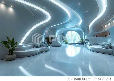 White room with lot of furniture and decorative items in it 113604703